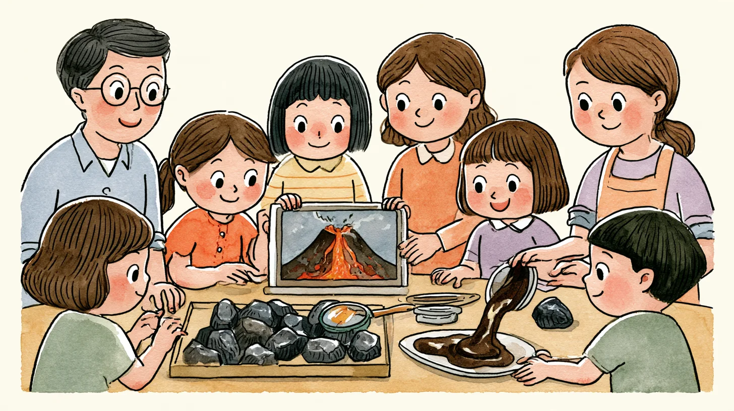 タブレットの火山と、本物の石と、台所の実験